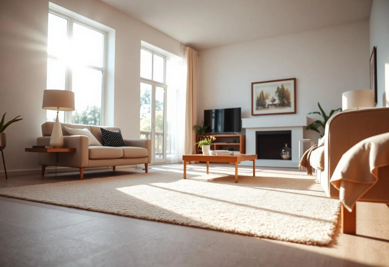Freshly steam-cleaned living room carpet in a Tampa home